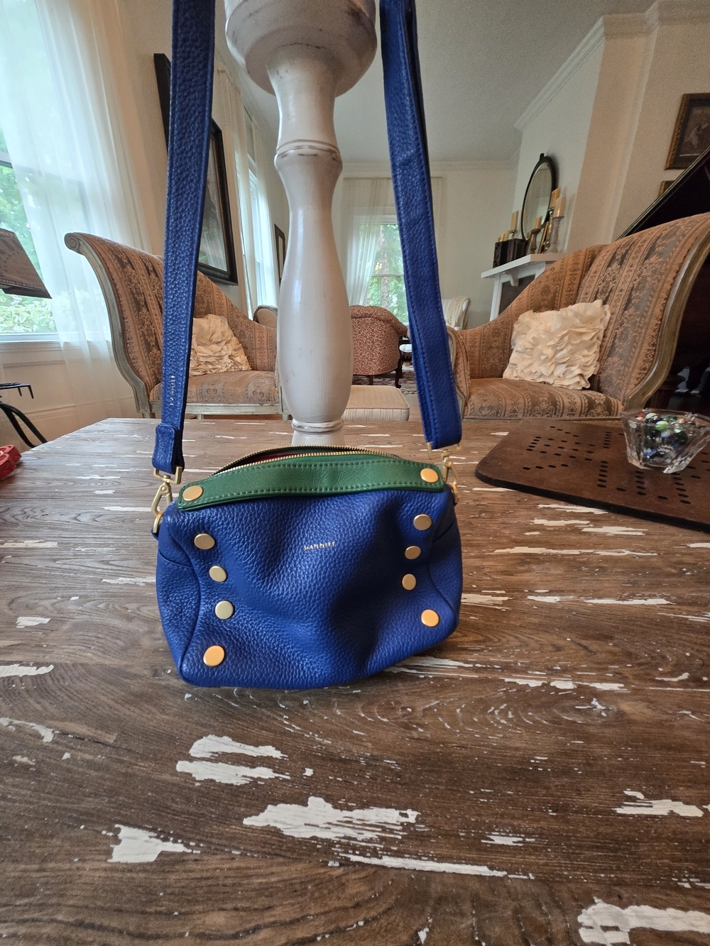 Hammitt Blue Pebbled Leather Crossbody with Green Trim